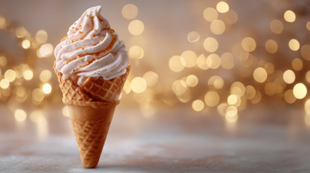 Enjoy a stunning ice cream cone featuring soft serve topped with creamy swirls and sprinkles, set against a dreamy background of shimmering golden lights.の素材