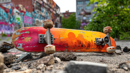 Colorful skateboard lying on rough ground, showcasing vibrant graffiti behind. Ideal for themes of urban sports, youth culture, and creative lifestyles in city settings.の素材