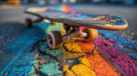 A close-up view of a skateboard resting on vibrant street art, capturing the colorful textures of the pavement and showcasing the dynamic creativity of urban spaces.の素材