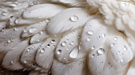 This close-up image features delicate white feathers adorned with water droplets, capturing the essence of nature's beauty and intricate textures after rainfall.の素材