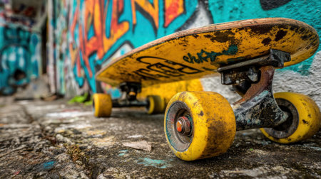 Close-up of a skateboard resting on a textured surface with vibrant graffiti in the background. An artistic view capturing urban culture and youthful energy.の素材