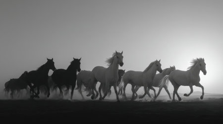 A captivating monochrome scene showcasing a herd of beautiful horses galloping gracefully across a tranquil landscape, embodying freedom and movement at dusk.の素材
