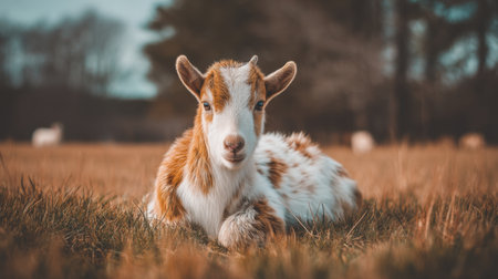A young goat lies peacefully on a sunlit meadow, showcasing its playful yet serene nature amidst soft grass and a tranquil countryside backdrop.の素材