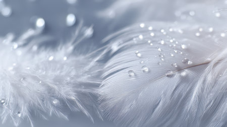 Captivating close-up of white feathers adorned with glistening water drops, creating a serene and calm atmosphere, perfect for themes of beauty and tranquility.の素材