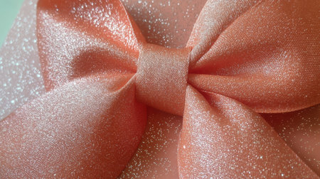 This close-up image features a delicate coral bow with shimmering sparkles, perfect for decorating gifts or for use in crafts. The soft texture adds elegance and charm.の素材