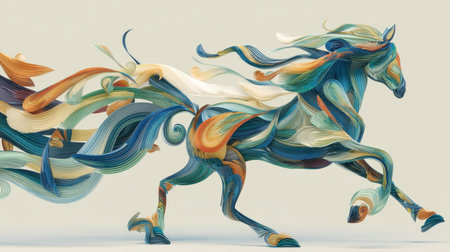 A stunning abstract portrayal of a horse in vibrant colors, featuring flowing strands that represent energy and movement, perfect for artistic and creative projects.の素材