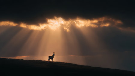 A striking silhouette of a chamois stands on a mountain ridge, illuminated by radiant rays of sunlight breaking through dramatic clouds at sunset.の素材