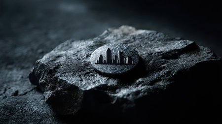 A striking dark metallic token featuring an abstract city silhouette rests on a textured stone surface, illuminated by dramatic lighting, perfect for modern art concepts.の素材