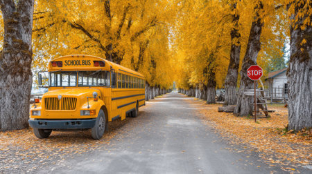A bright yellow school bus sits on a serene rural road adorned with vibrant golden leaves from trees, creating a beautiful autumn landscape perfect for visual storytelling.の素材