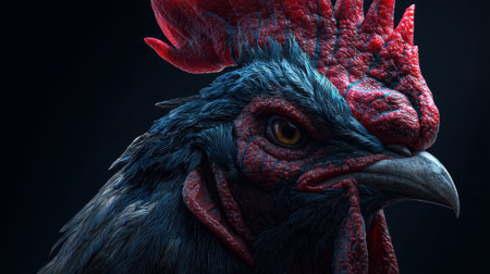 This stunning close-up captures a colorful rooster with remarkable details in its feathers and beak. The dark background enhances the vibrant colors and striking features.の素材