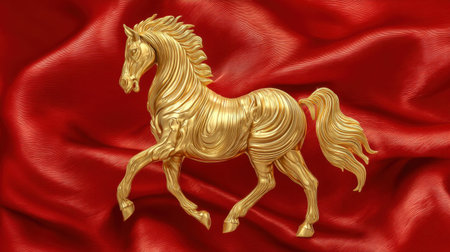 This artistic representation of a golden horse on rich red satin captures elegance and regal beauty, adding a touch of luxury and sophistication to any project.の素材