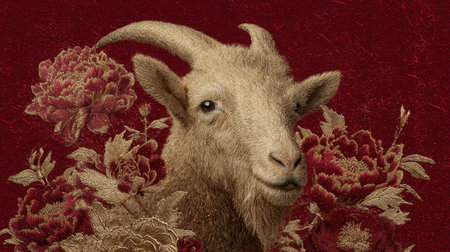This captivating image features a goat head surrounded by intricate floral designs on a deep red background, creating a stunning visual balance for art enthusiasts and designers.の素材
