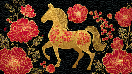 This artistic illustration features a golden horse amid vibrant floral designs against a bold black background, showcasing a beautiful blend of elegance and creativity.の素材