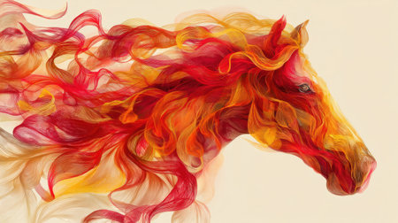 This mesmerizing abstract artwork features a horse's head, skillfully crafted with flowing red and orange strands that evoke a sense of motion and energy.の素材