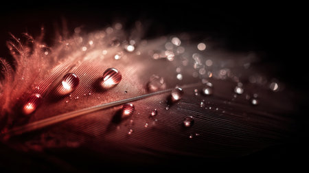 A captivating close-up of a red feather adorned with glistening water drops. The soft lighting highlights intricate details, ideal for nature-inspired visuals and serene backdrops.の素材