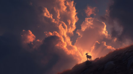 A serene image capturing a mountain goat silhouette against a vibrant sunset, showcasing stunning colorful clouds and a tranquil natural landscape.の素材