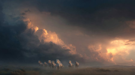 A stunning scene of white horses galloping through a misty landscape, set against a dramatic stormy sky illuminated by the warm hues of sunset.の素材