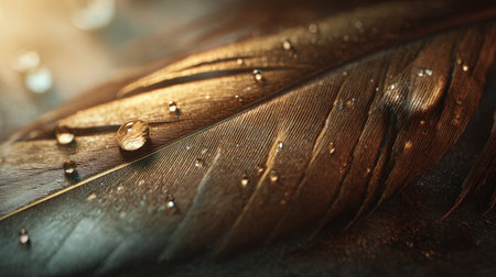 This image captures the intricate detail of a feather adorned with water droplets, emphasizing its texture, softness, and the natural beauty of light reflections.の素材