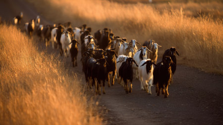 A stunning scene depicting a herd of goats walking along a dusty road with golden grass surrounding them, capturing the essence of rural beauty and serene lifestyle.の素材