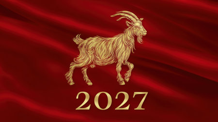 A vibrant illustration of a golden goat representing the Lunar New Year 2027, set against a luxurious red background, symbolizing prosperity and good fortune.の素材