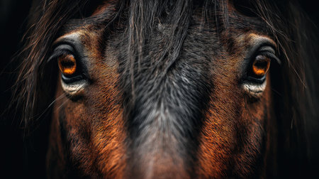 This close-up image captures the striking features of a horse, emphasizing its expressive eyes and intricate textures, creating a powerful and emotional connection with viewers.の素材