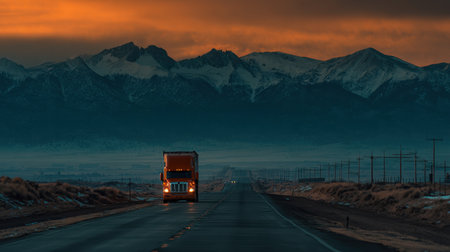 A stunning view of a solitary truck traveling on an open highway, framed by majestic mountain peaks under a vibrant sunset sky, illustrating the beauty of adventure and freedom.の素材