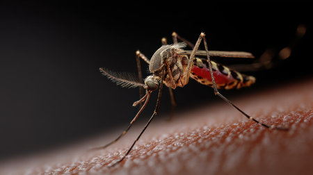 High-resolution close-up image showcasing a mosquito feeding on human skin, illustrating its fine details and anatomy against a dark background for educational or informational use.の素材