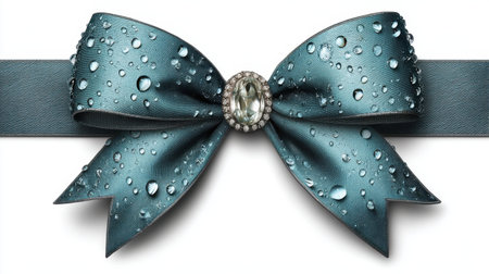 This stunning teal ribbon bow features delicate water droplets and a jeweled centerpiece, perfect for adding elegance to gifts, decor, or special occasions.の素材