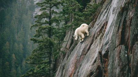 A striking image of a mountain goat skillfully maneuvering a rocky slope, surrounded by dense forest. This scene captures the essence of wildlife and natural beauty.の素材