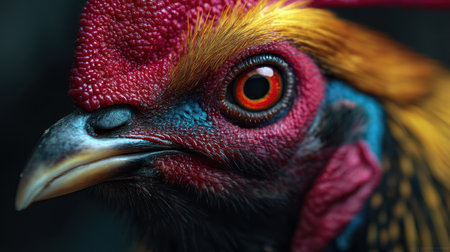 This close-up photo captures the intricate detail of a colorful rooster's face, showcasing its vivid plumage and piercing eye, highlighting nature's artistic design.の素材