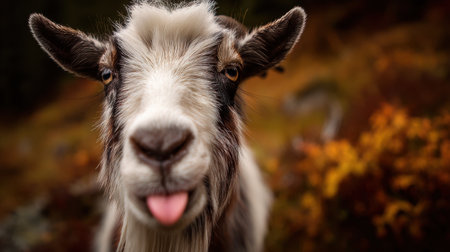This captivating close-up image features a playful goat with its tongue out, amidst colorful autumn foliage, showcasing its charming expression in a natural setting.の素材