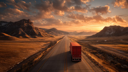 A striking image of a solitary truck traveling along an open road at sunset, with mountains in the background and dramatic clouds enhancing the serene atmosphere.の素材