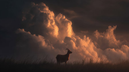 A stunning silhouette of a goat stands boldly against breathtaking clouds during sunset or sunrise, creating a serene and tranquil atmosphere in nature.の素材