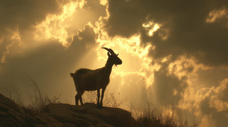 A striking silhouette of a goat stands atop a rocky outcrop, framed by a breathtaking sunset. Sunlight beams pierce through dramatic clouds, creating a serene atmosphere.の素材