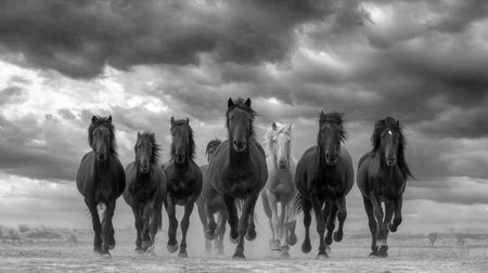 Experience the raw power of nature as a herd of horses gallops forward under a dramatic sky. This captivating monochrome photo highlights the beauty and freedom of these majestic animals.の素材