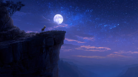 A breathtaking scene showcases a harmonious blend of nature and tranquility. A lone animal stands on a cliff, illuminated by the moonlight against a starry sky.の素材
