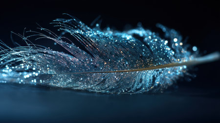 This enchanting macro photograph captures a luminous feather adorned with glimmering dew drops, resting gently on a dark surface, evoking serene beauty and magic.の素材