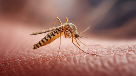 Magnificent close-up of a mosquito on skin, showcasing the stunning details of its anatomy and texture, ideal for educational purposes and nature photography enthusiasts.の素材