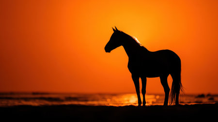 A striking silhouette of a horse stands gracefully against a vibrant orange sunset over the beach, creating a serene atmosphere and capturing the essence of nature's beauty.の素材
