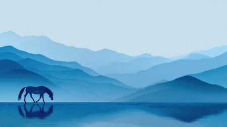 A captivating scene features a horse gently walking along a calm lake, with an ethereal backdrop of blue mountains. Perfect for evoking tranquility and nature's beauty.の素材