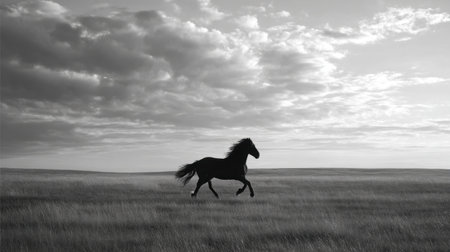 A majestic black horse gallops freely across a vast open field, silhouetted against a dramatic, cloudy sky, capturing the essence of nature's raw beauty and grace.の素材