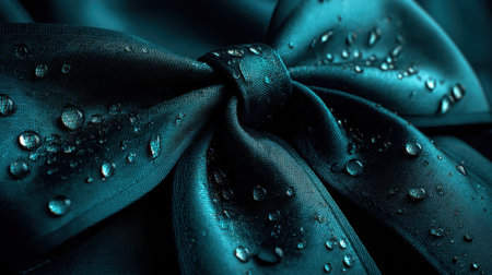 This close-up image captures an elegant satin bow in a rich teal color adorned with water droplets, showcasing intricate textures and reflections, perfect for design projects.の素材