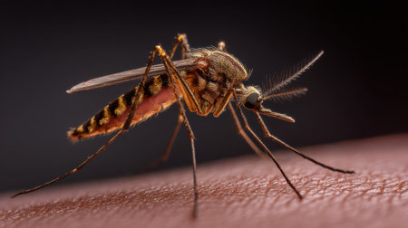 A detailed macro photograph of a mosquito perched on human skin, highlighting its intricate anatomy and the texture of the skin in a low light setting for educational insights.の素材