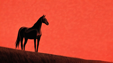 A stunning silhouette of a horse stands proudly on a hill, set against a captivating red sky at sunset. This image embodies the serene beauty of nature, evoking peace.の素材