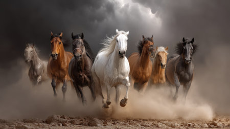A powerful depiction of a herd of horses galloping through a dusty landscape, showcasing their majestic beauty and strength against a dramatic sky backdrop.の素材