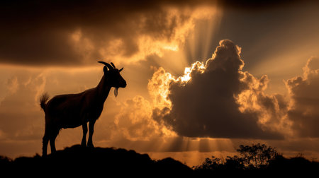 A stunning silhouette of a goat stands tall against a colorful sunset. Rays of light break through dramatic clouds, creating a serene atmosphere in nature.の素材