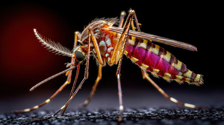 A vibrant close-up image of a mosquito showcasing its complex body structure and vivid colors against a dark backdrop, ideal for educational and scientific purposes.の素材
