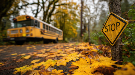 A vibrant scene capturing a yellow school bus on a rural road blanketed with colorful autumn leaves. A stop sign emphasizes safety in this picturesque forest setting.の素材
