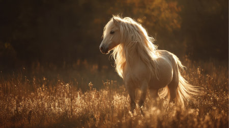 A stunning white pony stands in a shimmering golden field under soft sunlight. The atmosphere evokes a sense of serenity and natural beauty in the equine world.の素材