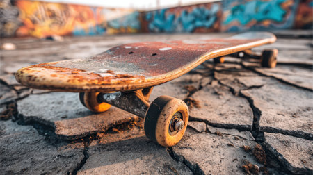 A detailed shot of a worn skateboard resting on cracked ground, highlighting its texture and wheels, with vibrant graffiti in the background during sunset.の素材
